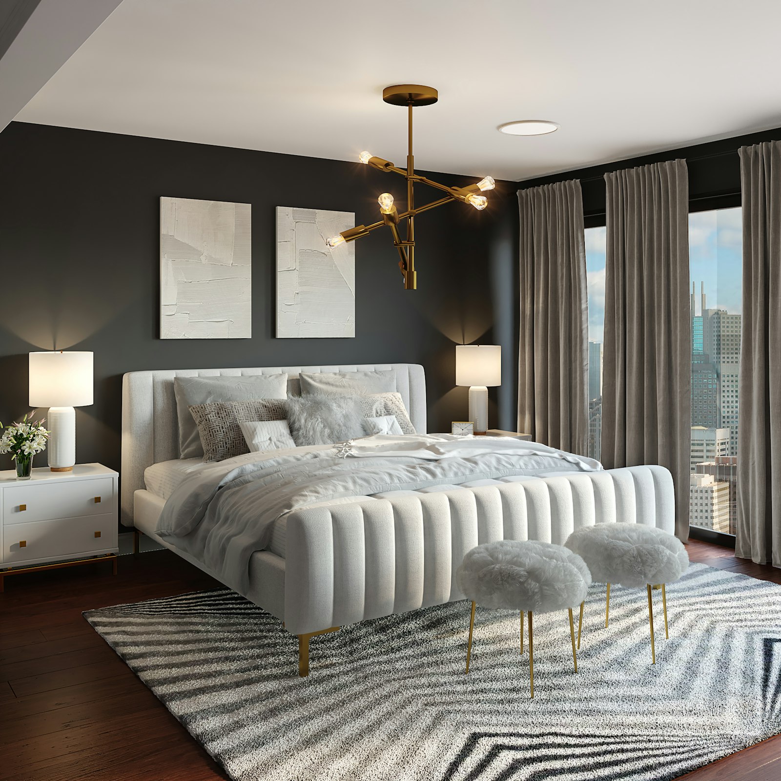 Master bedroom with channel-tufted headboard against a deep feature wall