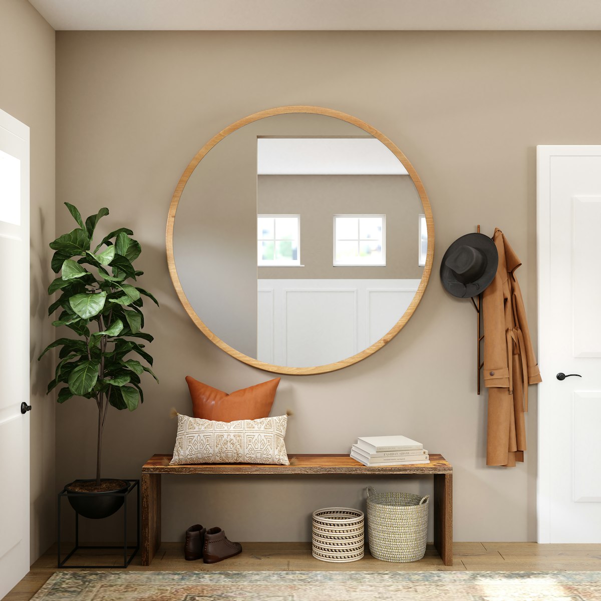 Entryway with round mirror, timber console bench and woven baskets