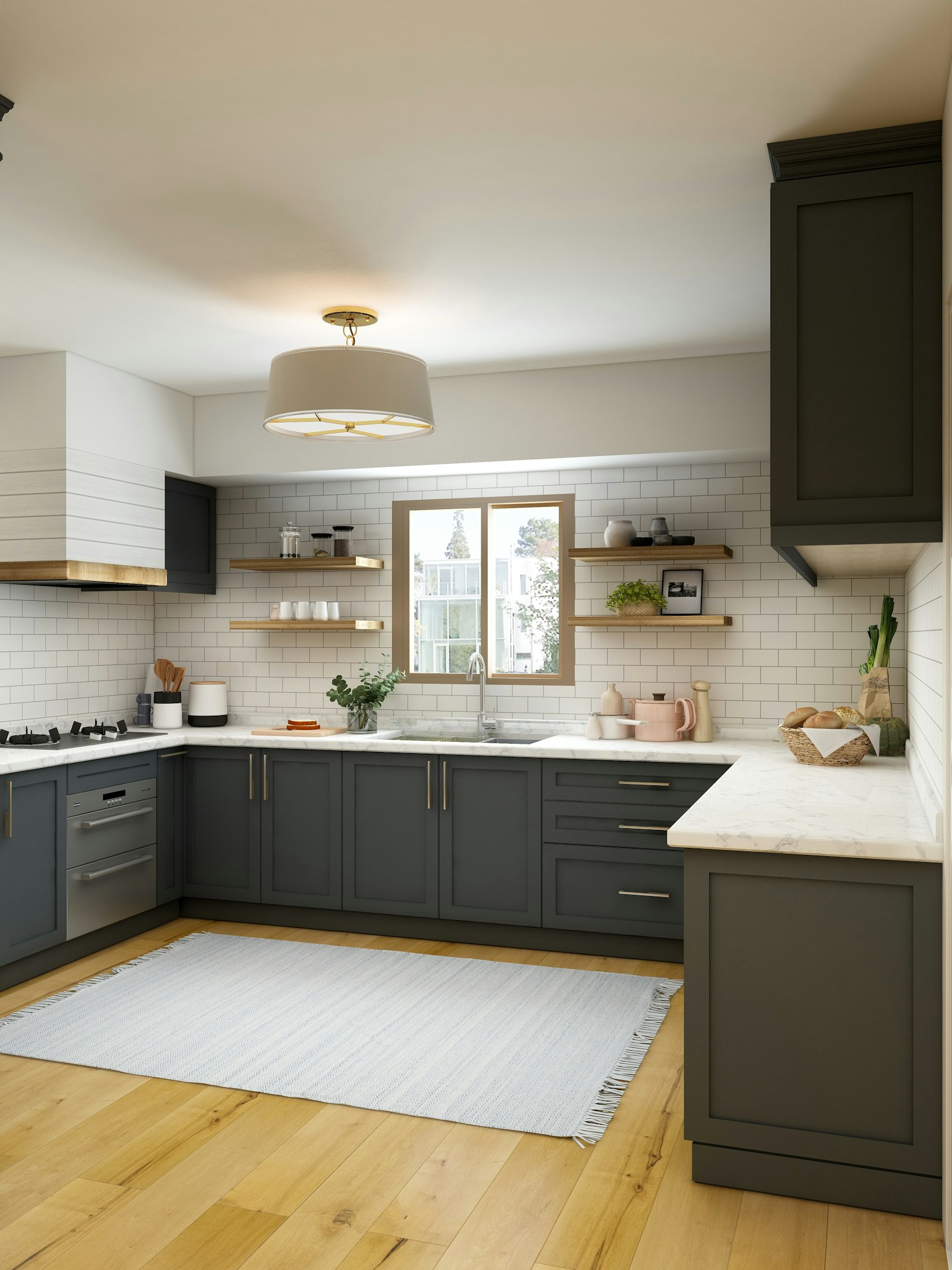 Refitted kitchen with deep charcoal cabinetry and white stone countertop