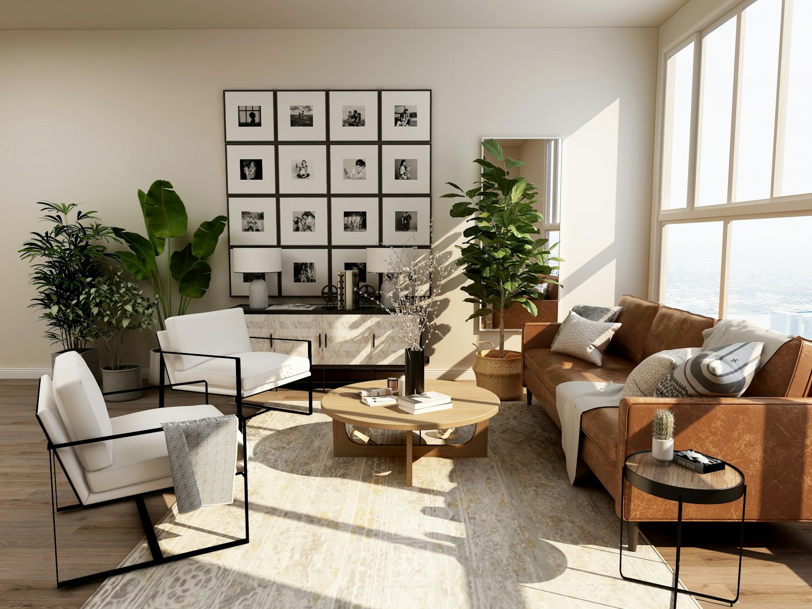 Resale HDB living room with cognac leather sofa and framed gallery wall