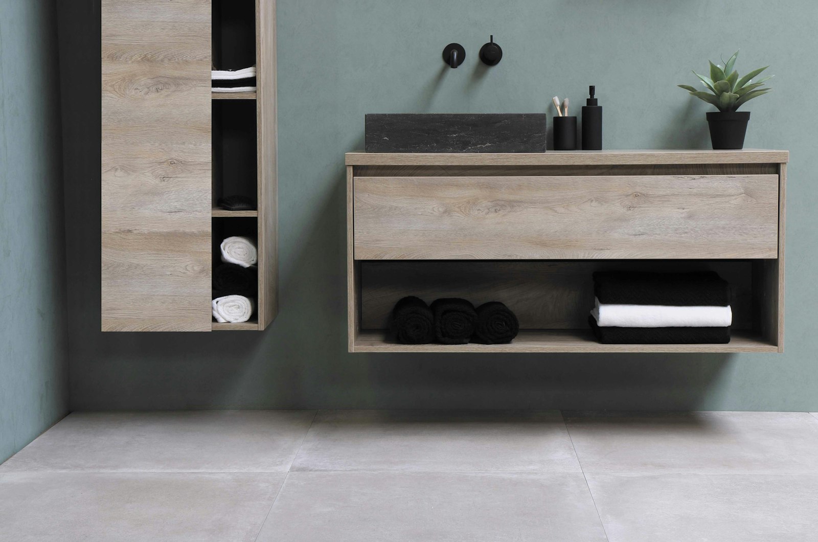 Floating timber vanity with open shelf and mirror
